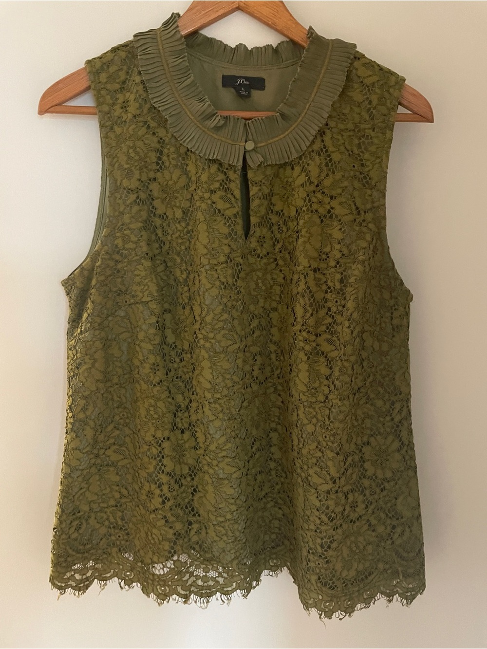 J. Crew Olive Lace Sleeveless Blouse with Pleated Collar